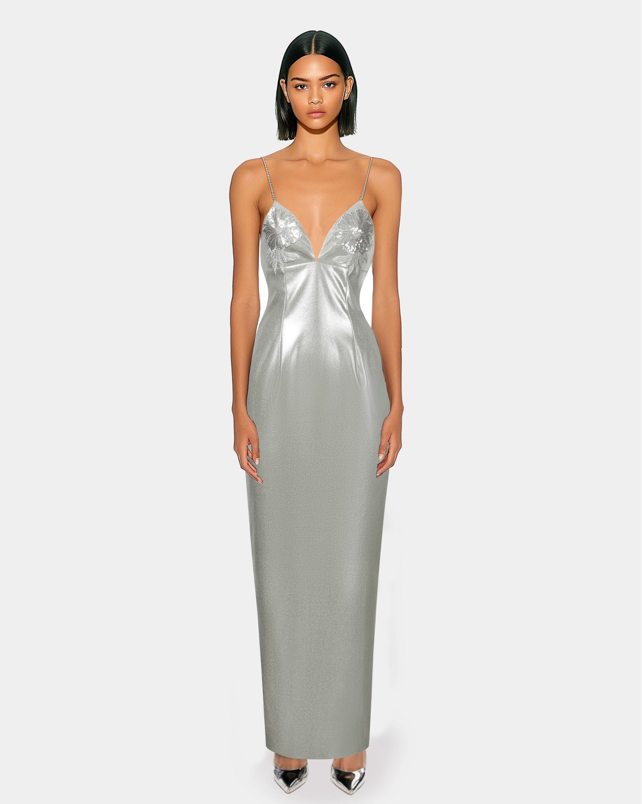 Ayliua Sweetheart-Neckline Rhinestones Embellished Silver Long Dress - Silver