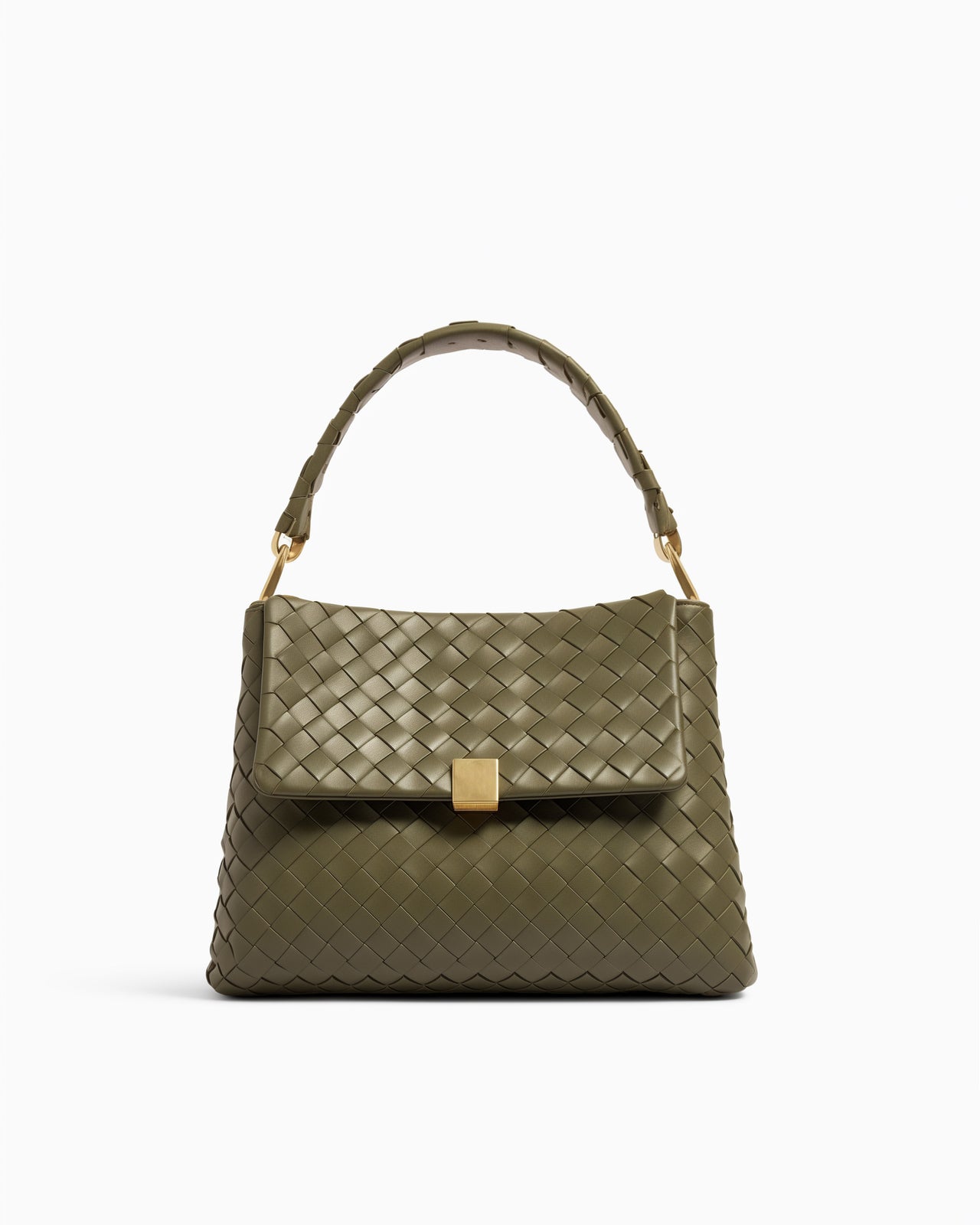 Lillian Woven Leather Shoulder Bag - Olive Green