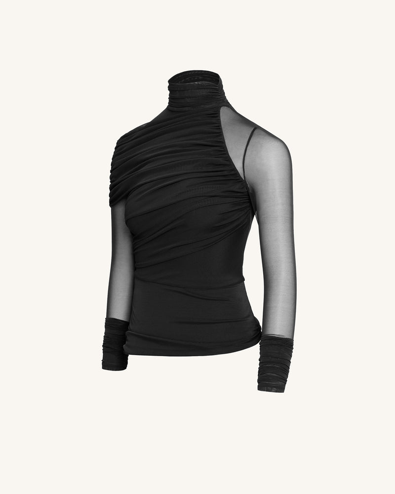 Ella Sheer Ruched Turtleneck Top - Black