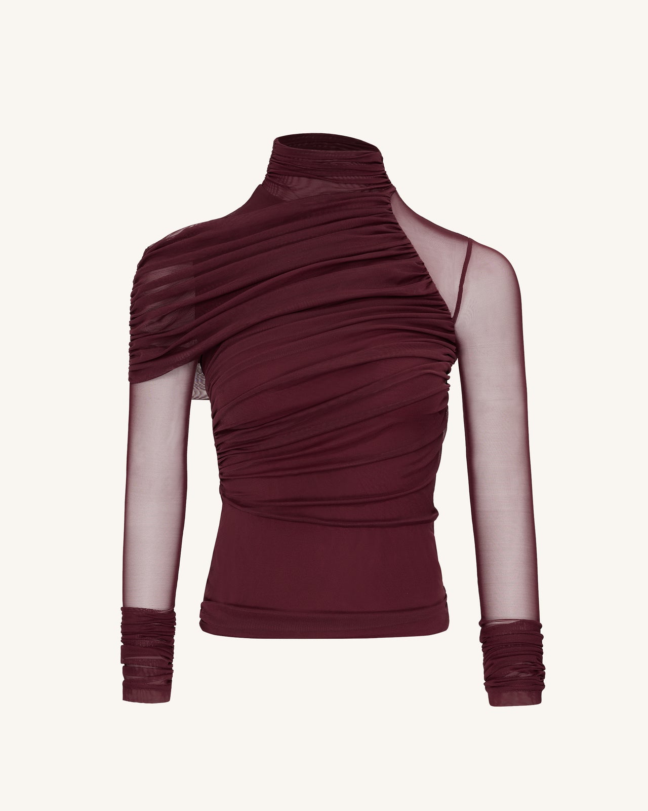 Ella Sheer Ruched Turtleneck Top - Burgundy