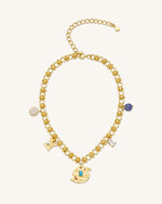 Cosmos Round Multi Charm Necklace - 18ct Gold Plated & Turquoise & Multicolor Zircon & Blue And White Porcelain Beads